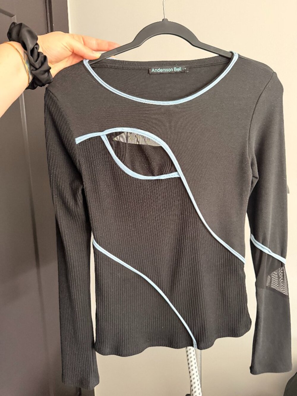 Andersson Bell Black & Blue Eva Long Sleeve Cutout Mesh Top Size M
